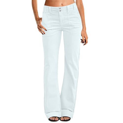 Women's Multi Pocket Stretch Elastic Waist Twill Cotton Pants  High Waisted, Comfortable Form Fitting  Formal Casual Wide Leg Pants