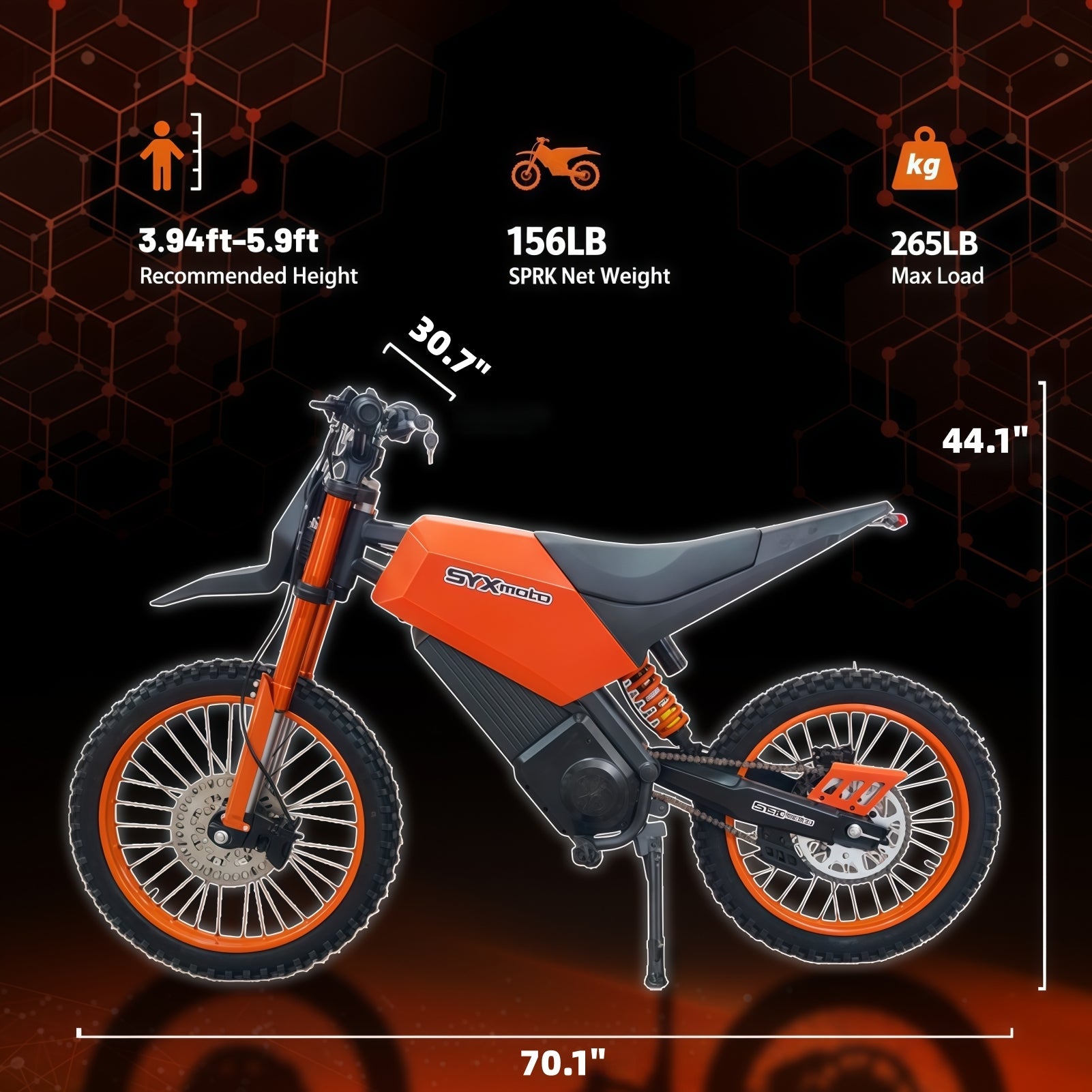SYX MOTO SPRK Electric Dirt Bike | 5500W Peak, 43MPH High Speed Off-Road Trail Motorcycle (60V 27Ah)