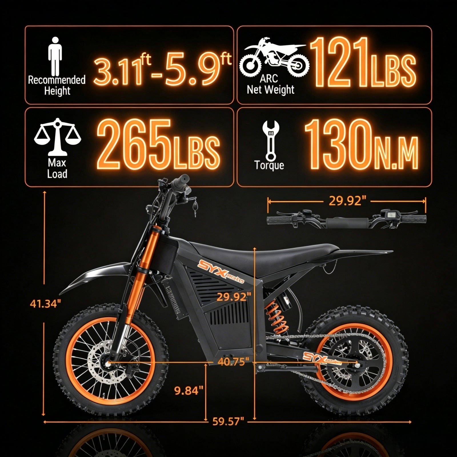 SYX MOTO ARC 3000W Peak Electric Dirt Bike | 48V Mid-Drive Off-Road Motorcycle