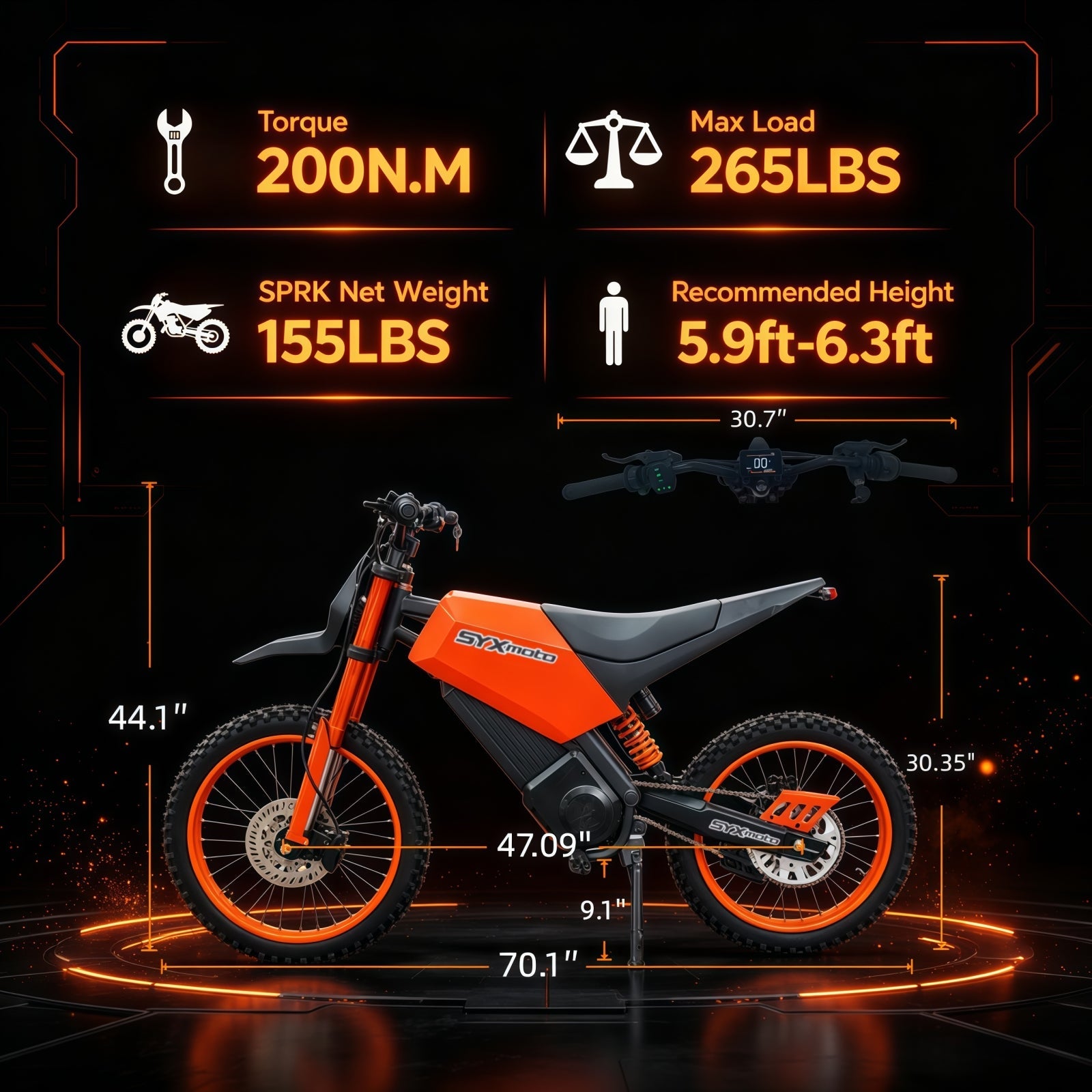 SYX MOTO SPRK Electric Dirt Bike | 5500W Peak, 43MPH High Speed Off-Road Trail Motorcycle (60V 27Ah)