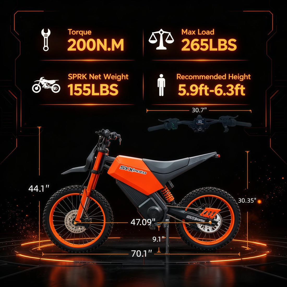 SYX MOTO SPRK Electric Dirt Bike | 5500W Peak, 43MPH High Speed Off-Road Trail Motorcycle (60V 27Ah)