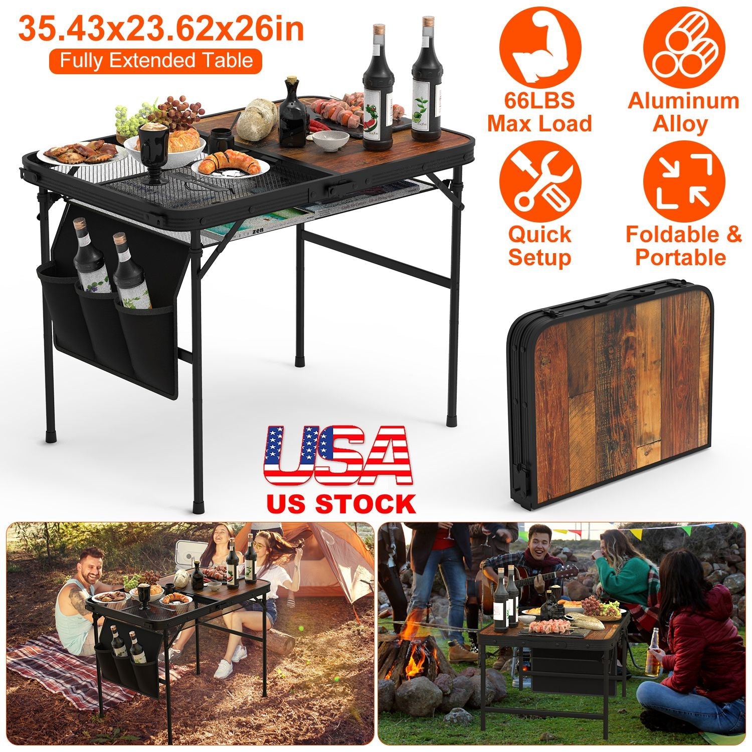 35.43x23.62x26in Foldable Camping Table Collapsible Picnic Aluminum Alloy Grill Stand 66LBS Max Load Height Adjustable BBQ Table with Adjustable Heigh