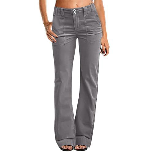 Women's Multi Pocket Stretch Elastic Waist Twill Cotton Pants  High Waisted, Comfortable Form Fitting  Formal Casual Wide Leg Pants