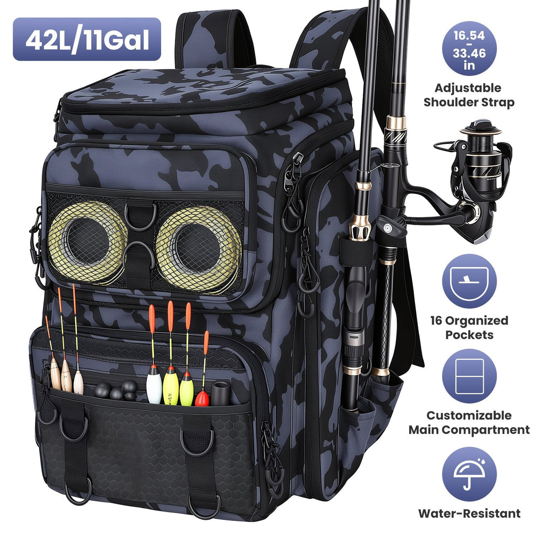 42L/11Gal Fishing Backpack Large Capacity Fishing Tackle Storage Bag with Rod Holders 16-Pocket Water-Resistant with Divider Adjustable Padded Straps