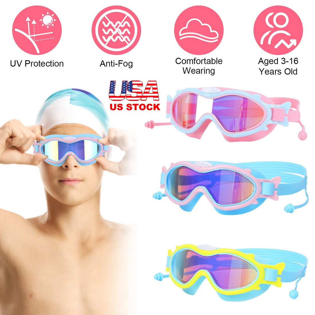 Kids Swim Goggles With Ear Plugs UV Protection Anti-Fog Leak Proof Wide View Pool Swimming Goggles For Youth Boys Girls Aged 3-16 Years Old Summer Bea