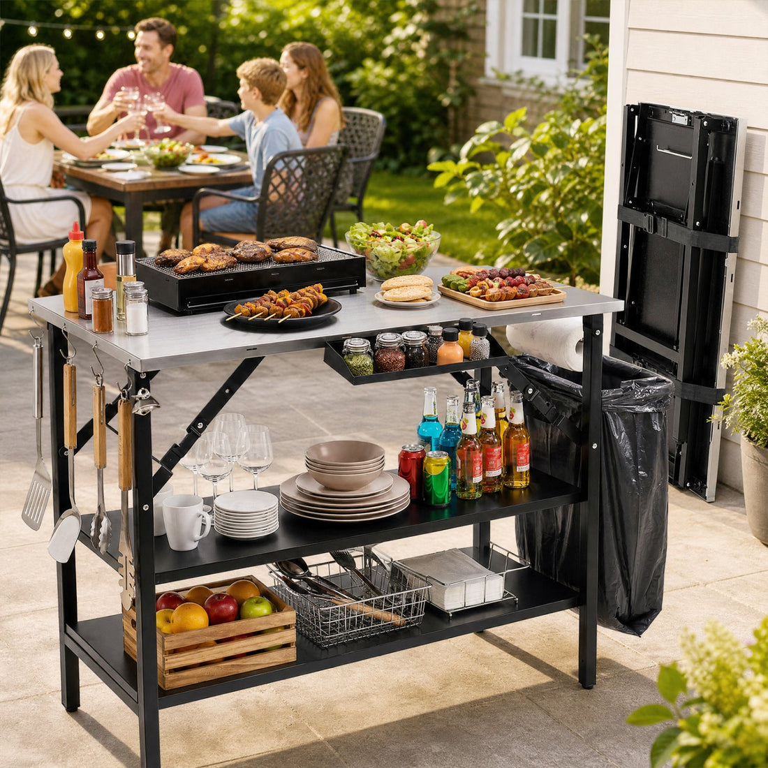 Foldable Outdoor Cook Station with Removable Shelves