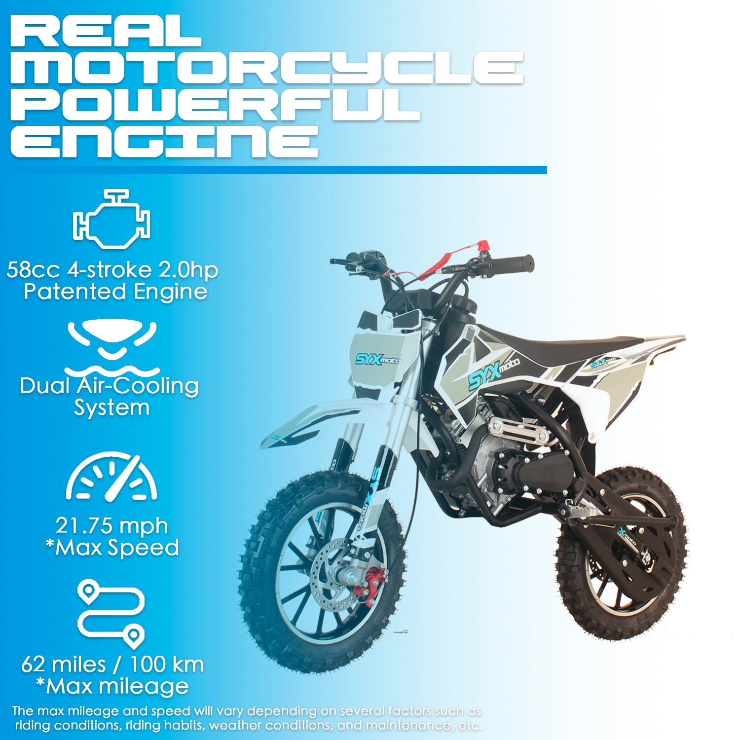 SYX MOTO VK 58cc 4-Stroke Off-Road Mini Ride-On for Kids – Pull Start, 2.0HP, Fully Automatic