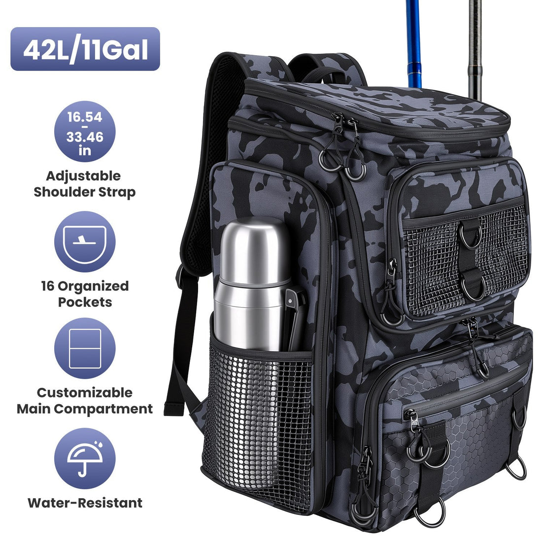 42L/11Gal Fishing Backpack Large Capacity Fishing Tackle Storage Bag with Rod Holders 16-Pocket Water-Resistant with Divider Adjustable Padded Straps