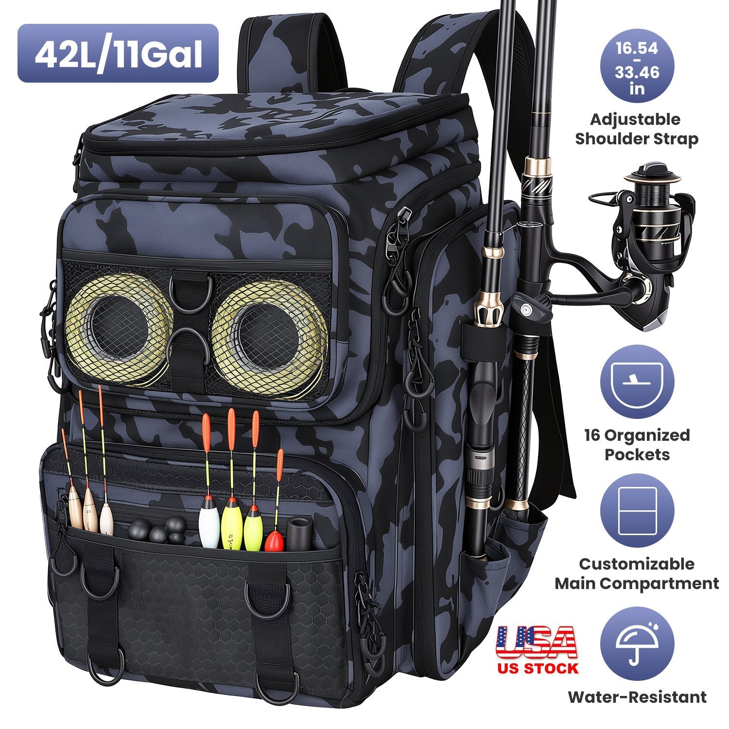 42L/11Gal Fishing Backpack Large Capacity Fishing Tackle Storage Bag with Rod Holders 16-Pocket Water-Resistant with Divider Adjustable Padded Straps