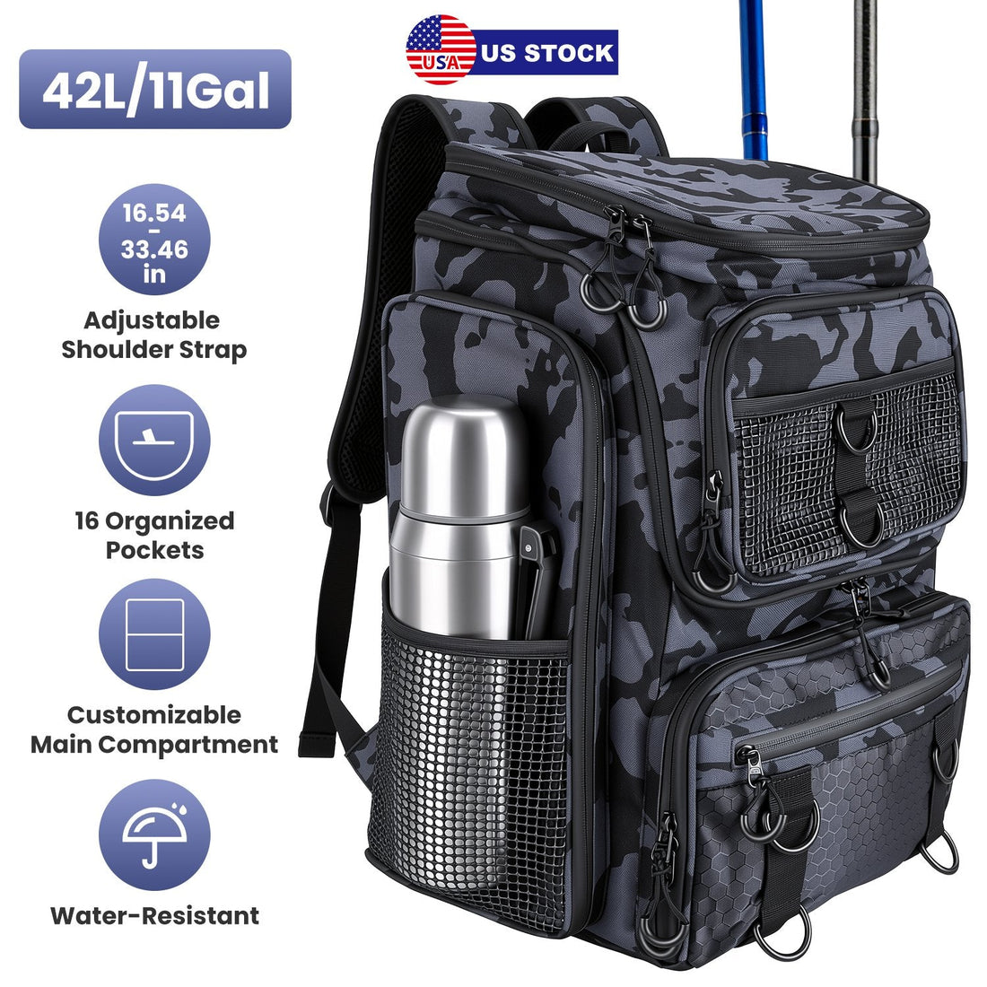 42L/11Gal Fishing Backpack Large Capacity Fishing Tackle Storage Bag with Rod Holders 16-Pocket Water-Resistant with Divider Adjustable Padded Straps