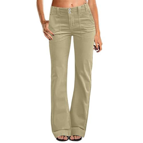 Women's Multi Pocket Stretch Elastic Waist Twill Cotton Pants  High Waisted, Comfortable Form Fitting  Formal Casual Wide Leg Pants
