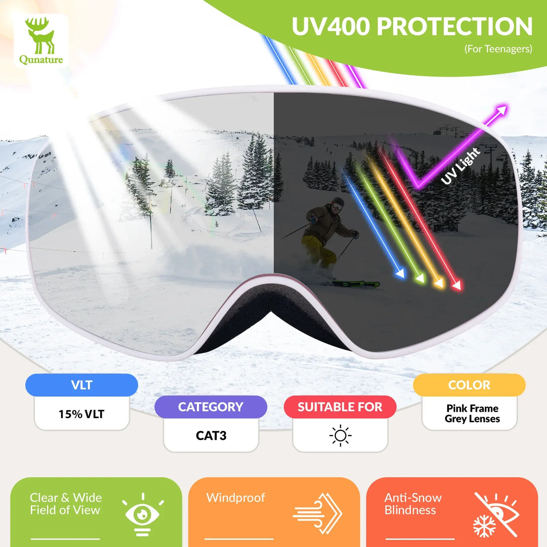 Kids Anti-fog Ski Goggles with UV400 Protection for Pre-teens & Teenagers