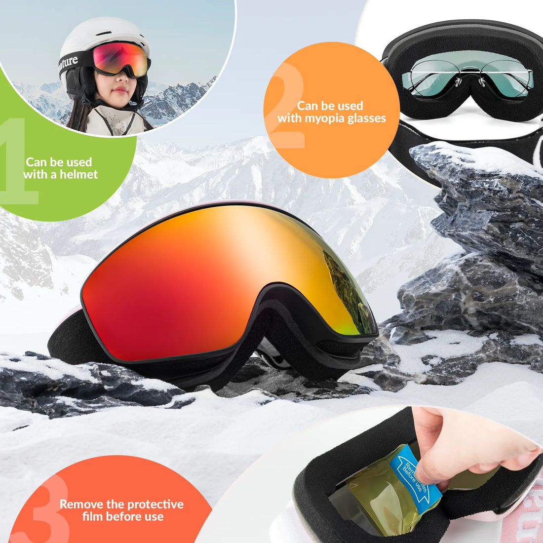Kids Anti-fog Ski Goggles with UV400 Protection for Pre-teens & Teenagers